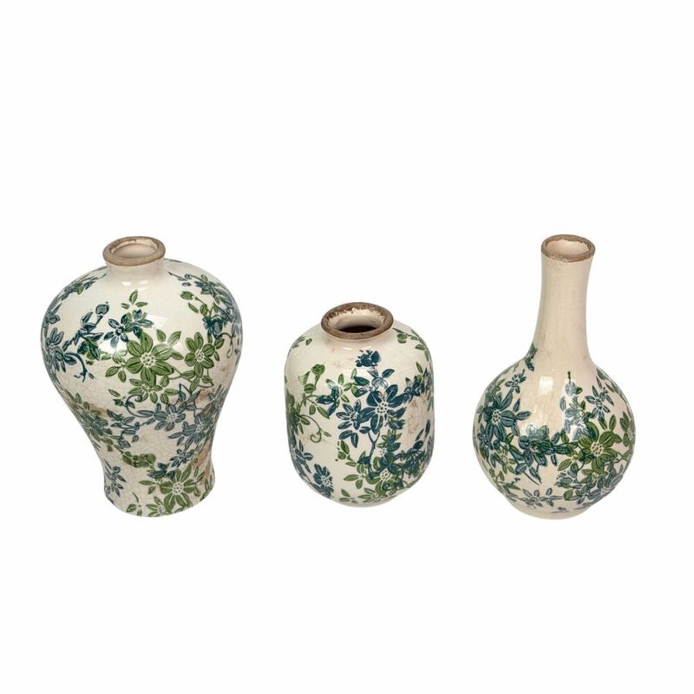 Set of 3 Blue Green Floral Ceramic Decorative Vases up to 8 Inches Tall